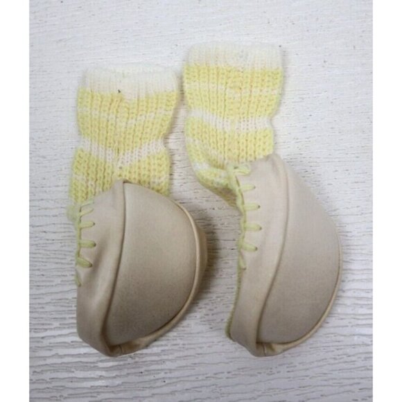 VINTAGE YELLOW STRIPED BABY BOOTIES SLIPPERS MOCCASIN SOCKS - Picture 5 of 6